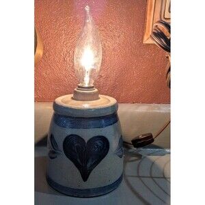 1988 Rowe Pottery Works Salt Glazed Blue Heart Stoneware Lamp, (Small)